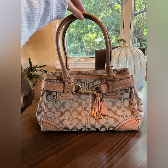 Coach Y2K Hampton Brown and Tan Canvas and Leather Signature Satchel Purse - Picture 1 of 9